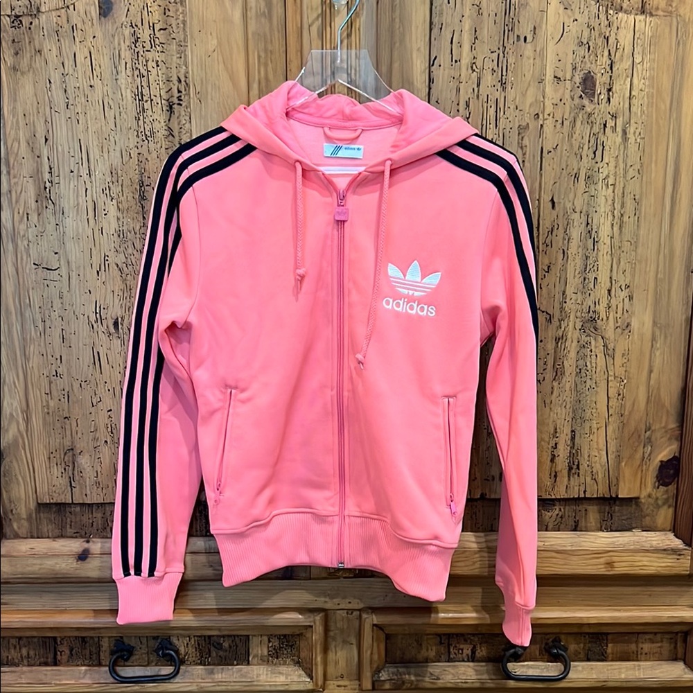 Adidas Vintage Pink Zip Hoodie with Black Stripes RARE